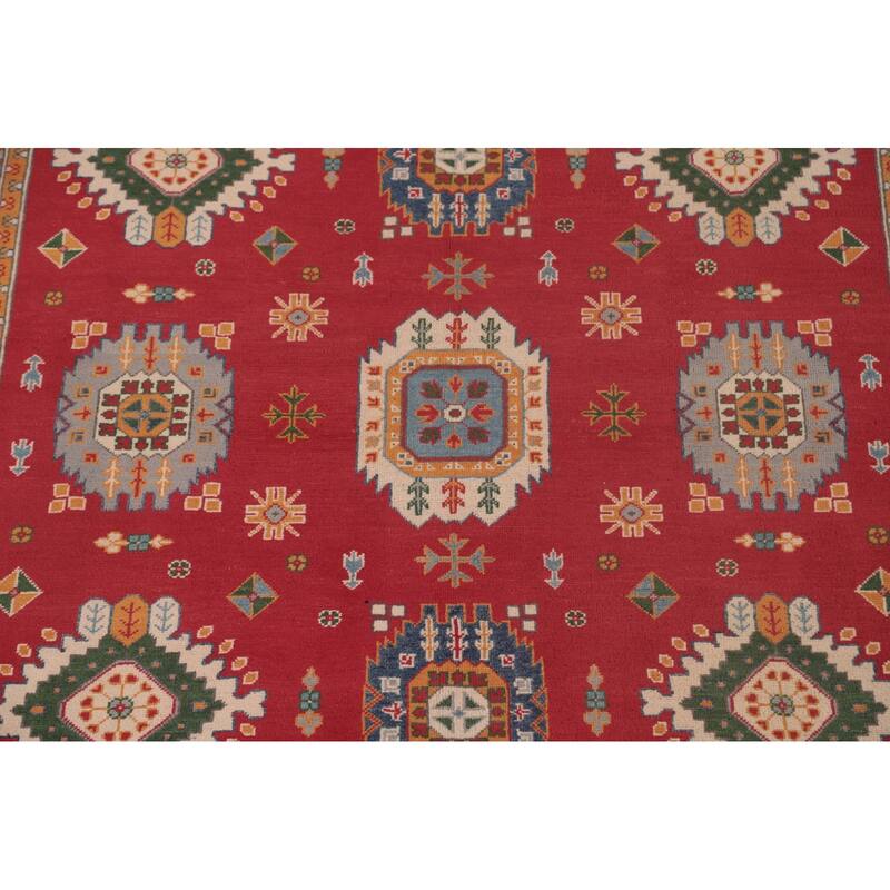 Geometric Red Kazak Area Rug Handmade Oriental Wool Carpet - 6'6" x 9'10"