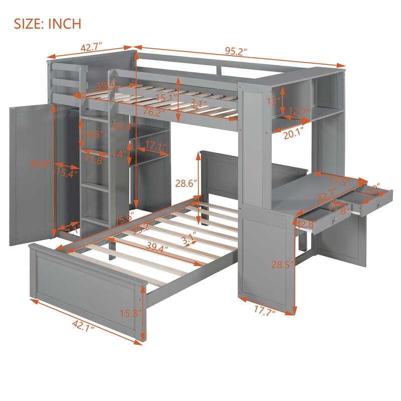 Twin/Full Loft Bed with Stand-Alone Bed, Desk, Shelves & Wardrobe, Wooden Frame with Storage and Guardrail
