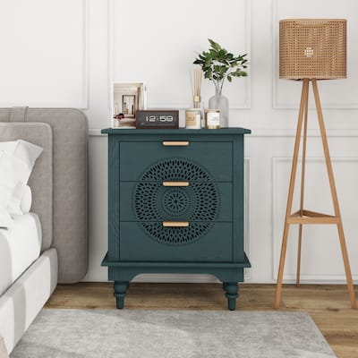 Hollow-Carved 3 Drawer Dresser Storage Chest with Metal Handles For Living Room Bedroom