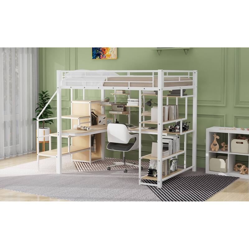 Full Size Metal Loft Bed with Storage Staircase, Small Wardrobe, and Desk