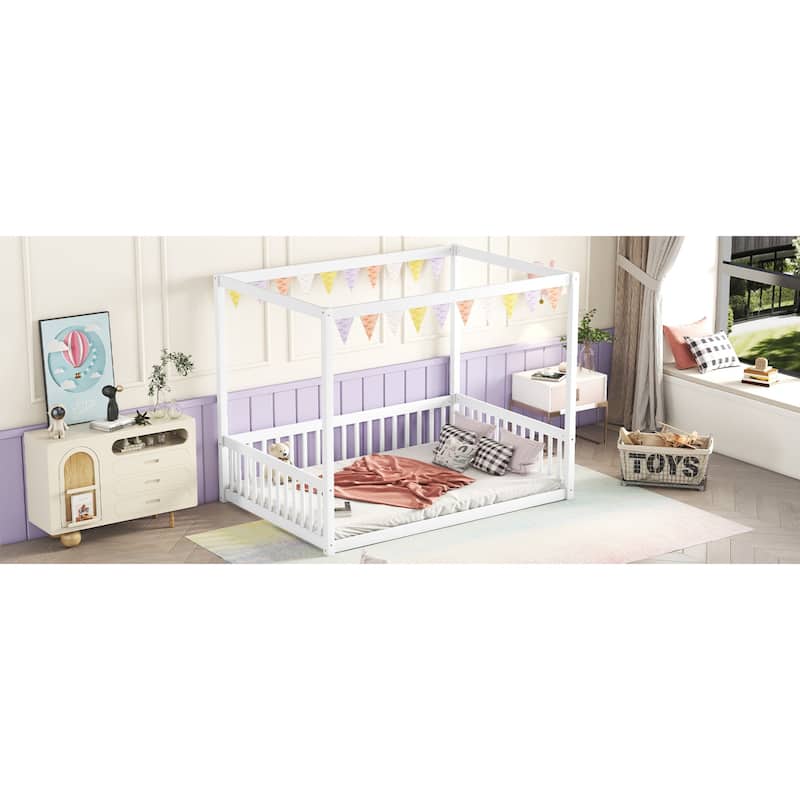 Roomfitters Full Canopy Frame Floor Bed, Rubber Wood Platform with Guardrails and Low-Profile Design, White