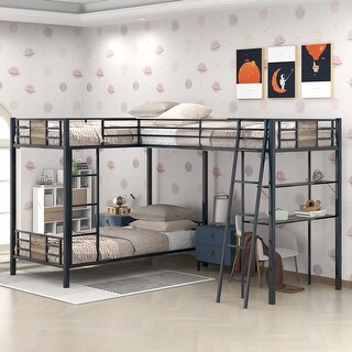 L-Shaped Twin over Twin Metal Bunk Bed Frame w/Built-in Desk & Shelves