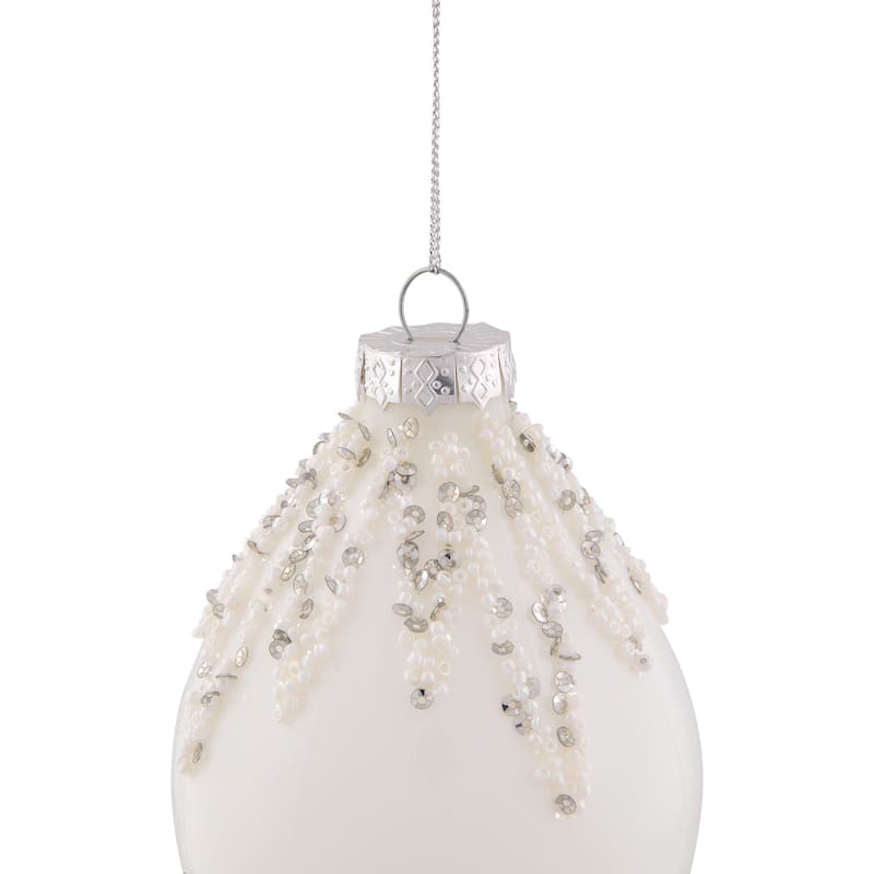 Beaded and Sequins Christmas Glass Finial Ornament - 5" - White and Silver