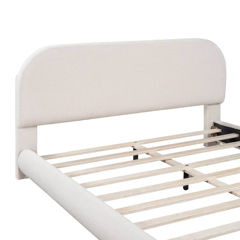 Queen Size Upholstered Platform Bed with Curve-shaped Design, Beige