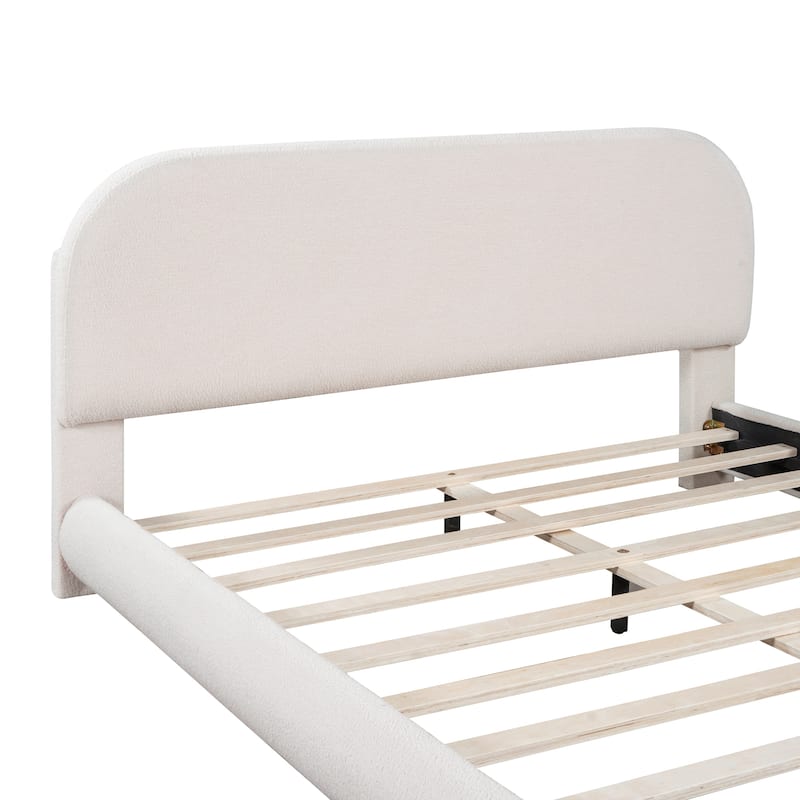 Teddy Fleece Queen Size Upholstered Platform Bed with Thick Fabric, Solid Frame and Stylish Curve-shaped Design, Beige