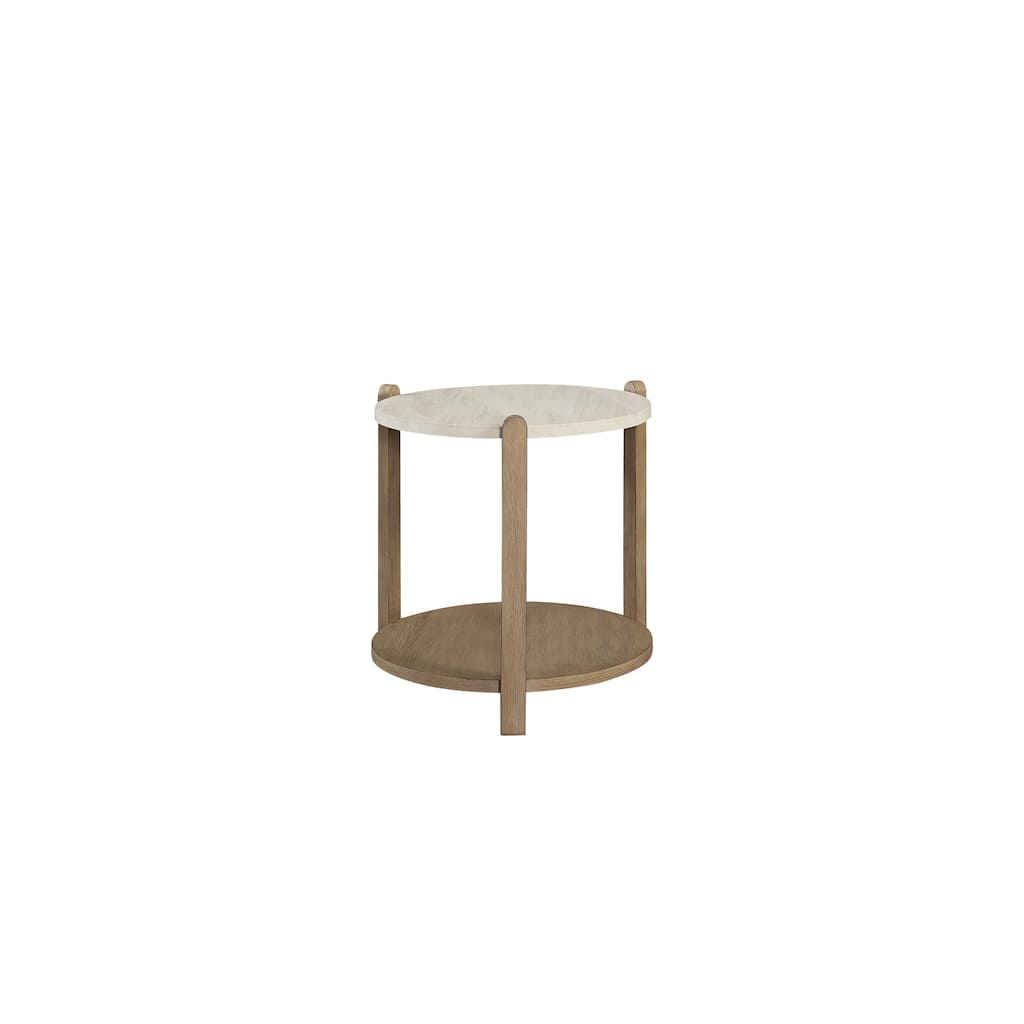 Stone Top End Table 25 Inch Taupe Natural Wood MDF with Lower Shelf