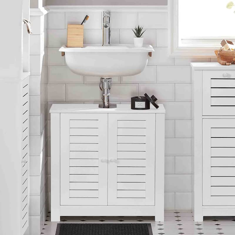 Santorin White Bathroom Vanity Under Sink Cabinet with U-Shaped Cut-Out, Double Vented Doors - 24"L x 11.8"D x 27.9"H
