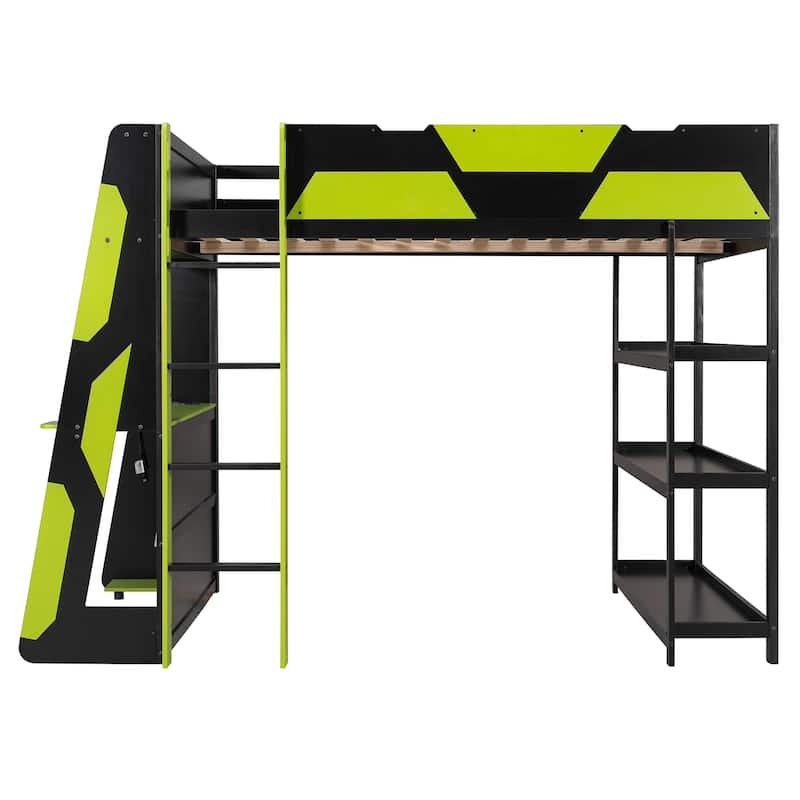 Full Size Gaming Loft Bed Station with Desk, Storage Shelves & RGB LED Lights
