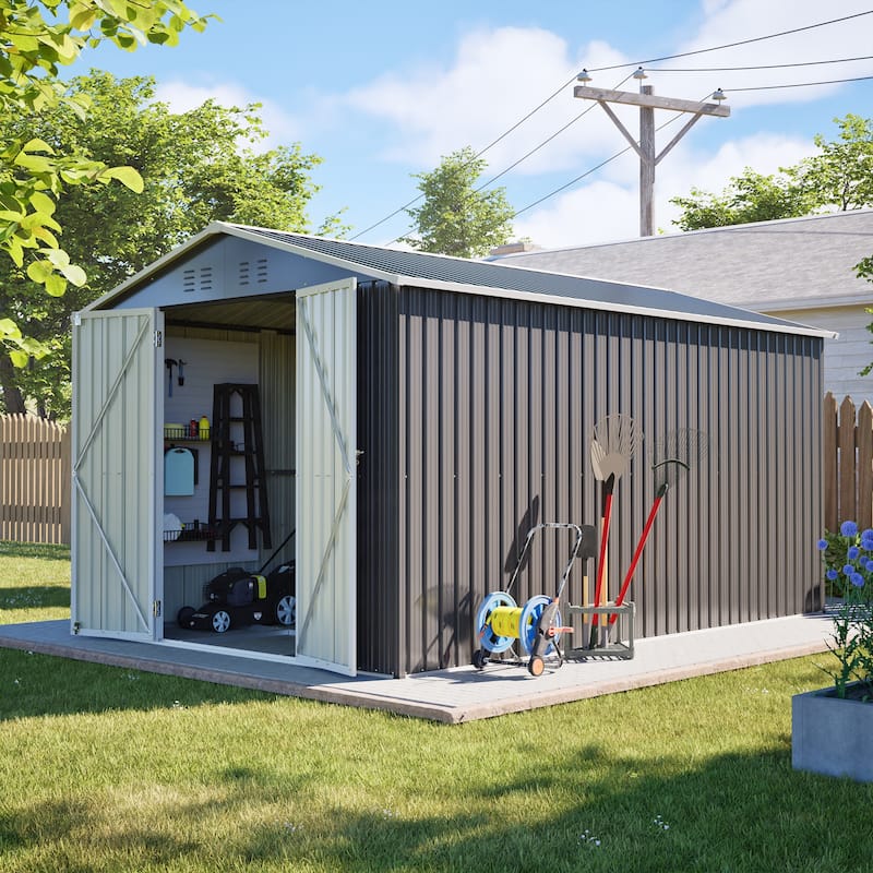 GDFStudio - Large Heavy Duty Metal Tool Storage with Lockable Doors for Easy Access, Storage for Backyard Garden Patio Lawn