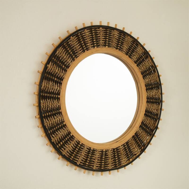 23" Round Bamboo Wall Mirror with Light Yellow & Black Hemp Rope