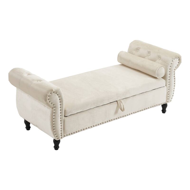 Rectangular Beige Velvet Storage Ottoman Bench with Pillow for Bedroom Living Room - Beige - Large
