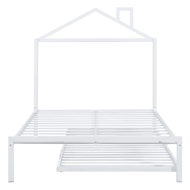 Full Size House Shaped Metal Platform Bed with Trundle