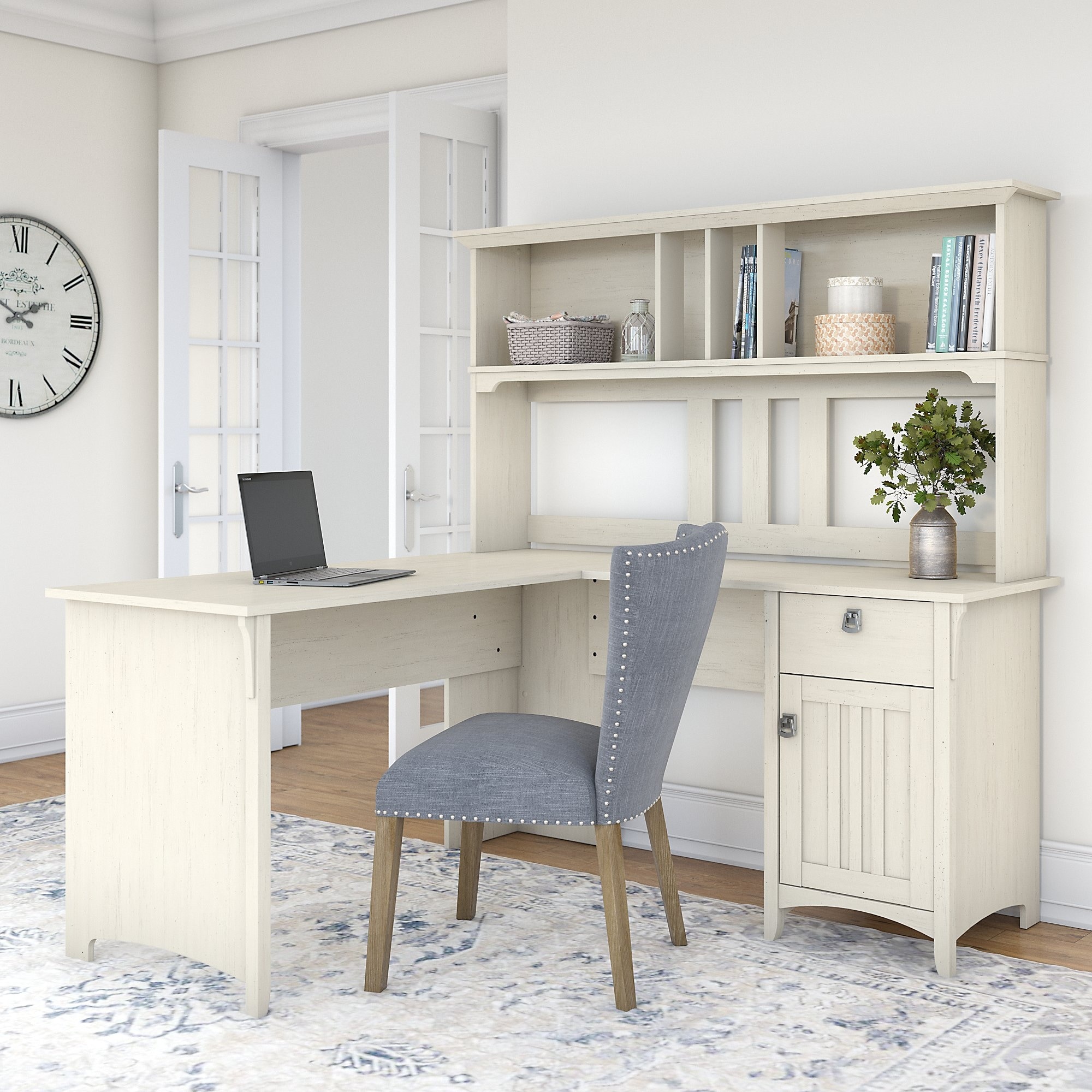 HOMCOM Farmhouse Computer Desk with Hutch and Cabinet, Home Office Desk with Storage, White