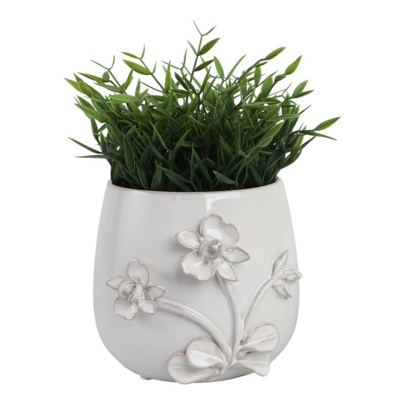 Decorative Ceramic Flower Planter with Flower Applique - Ivory