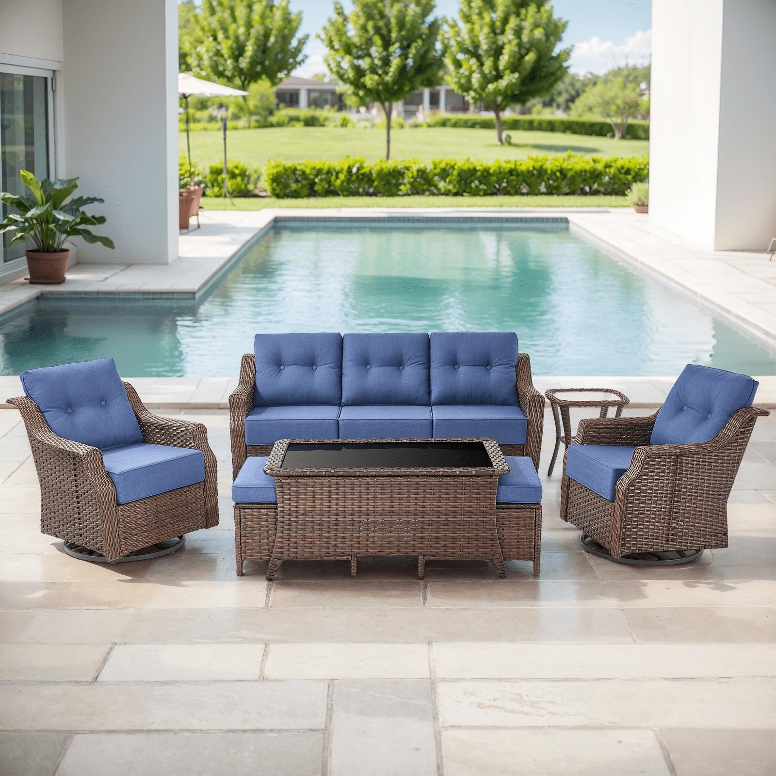Pocassy Luxury Patio Sofa Chairs Furniture Set with 6" Thick Cushions Weather-Resistant Wicker High Back Swivel Rocker Chairs