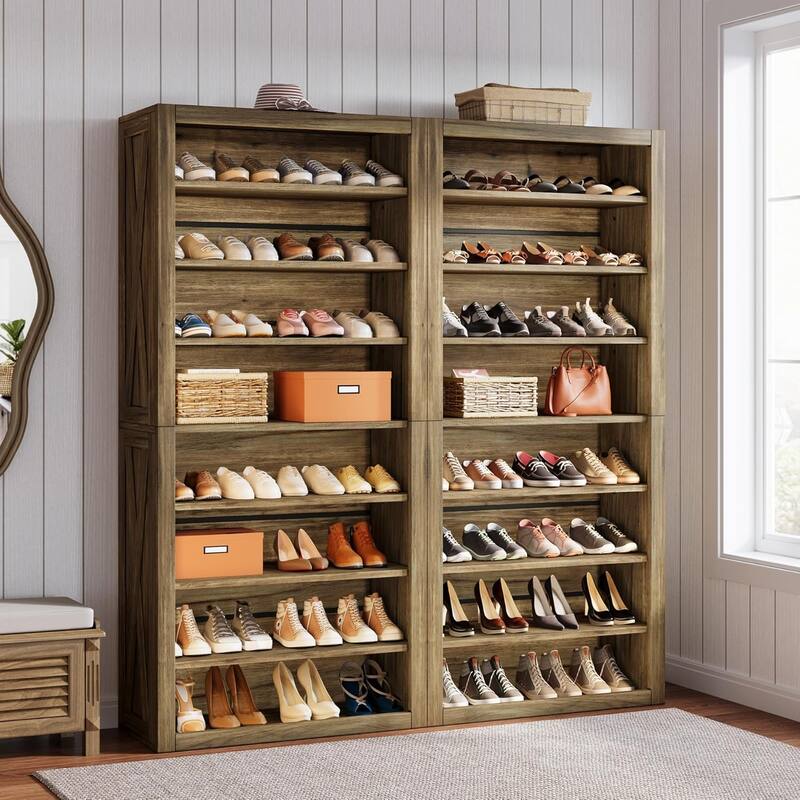 71 Inches Brown Wood Large Shoe Cabinet with Adjustable Shelves, 8-Tier Tall Shoe Storage Organizer for Entryway