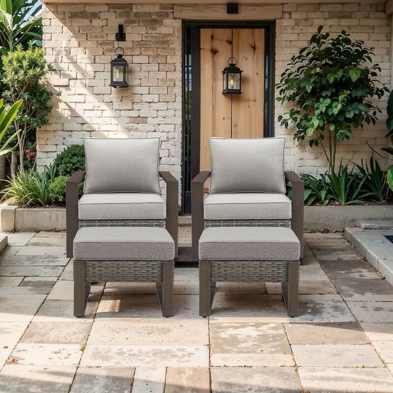 Pocassy Outdoor Patio Chairs Set for Garden Yards - 4 Pieces Swivel Chairs w/ Ottoman - Grey Wicker Gray Cushion