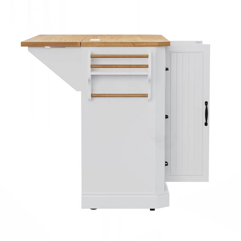 Kitchen Island with Rubber Wood Veneer Drop Leaf, Power Outlet, 4 Door Shelves