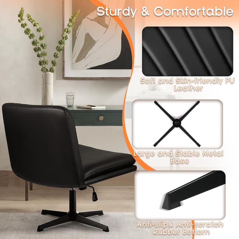 BOSSIN Criss Cross Chair Armless Office Desk Chair No Wheels,PU Leather Padded Modern Swivel Vanity Chair office chair