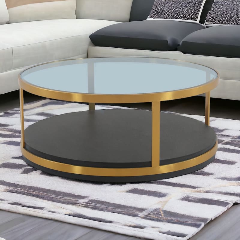 HomeRoots 43" Clear And Black Solid Wood Round Coffee Table With Shelf