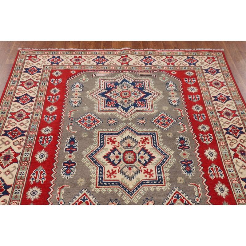 Geometric Kazak Oriental Area Rug Handmade Grey Wool Carpet - 5'0" x 6'6"