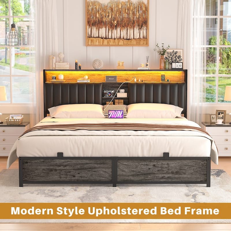 Upholstered Bed Frame with Storage Shelving, Platform Beds with Charge Station and LED Lights