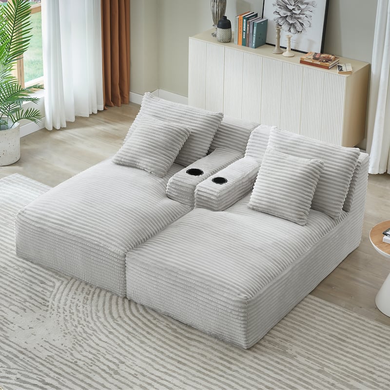 Compressible Double Chaise Lounge With Cupholders - No Assembly Required, Fluffy Modern Sleeper Loveseat