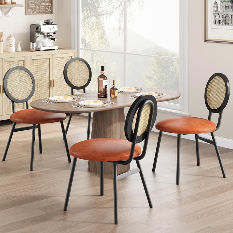 Boho Dining Chairs Set with Thicken Upholstered Natural Rattan Back - Set of 4 - Brown