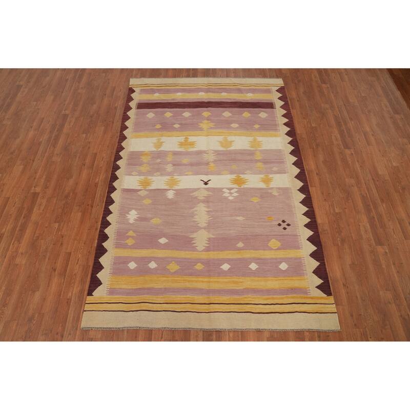 Hand Woven Oriental 100% Wool Carpet Southwestern Tribal Purples Kilim Area Rug - 8' 9'' X 5' 8''