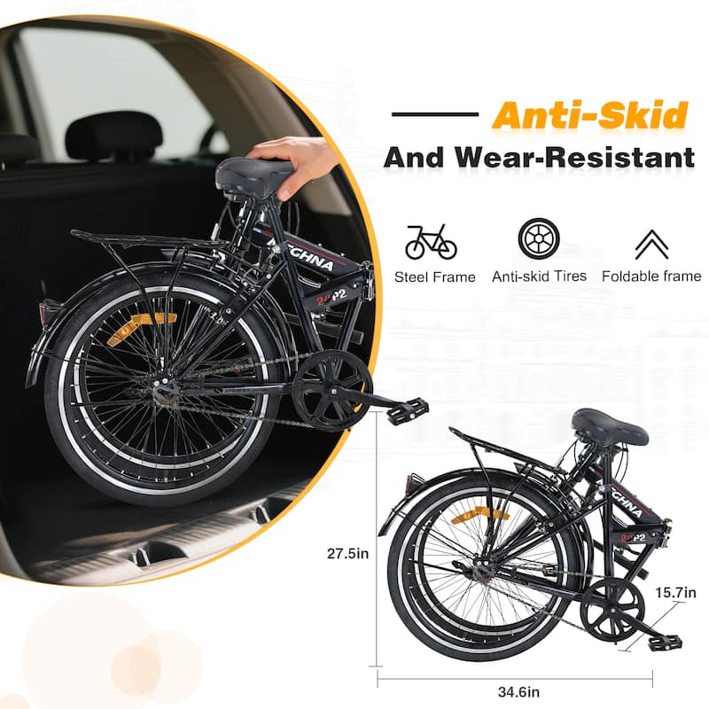 24 Inch Folding Bike for Adults with Fenders,Steel Frame Single Speed City Commuter,Dual V-Brake Portable Compact Bicycle
