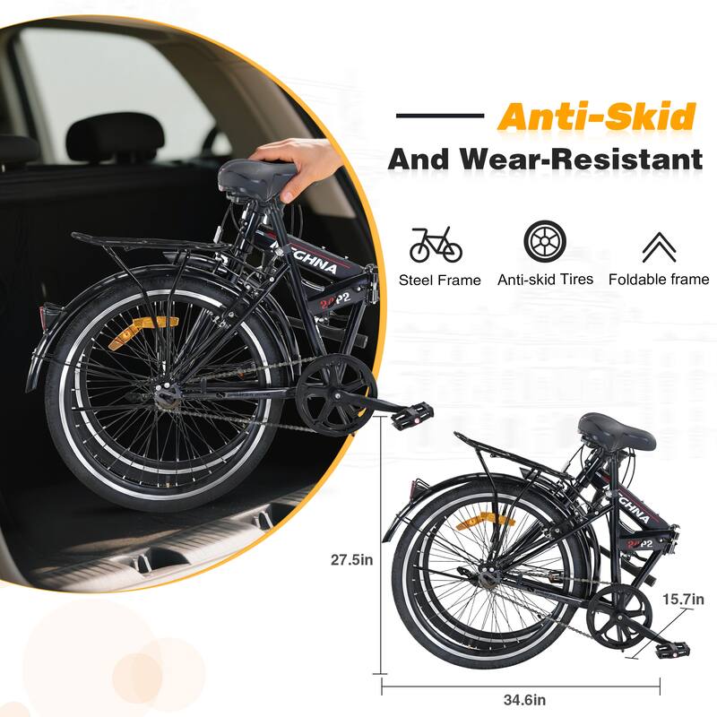 24 Inch Folding Bike with Fenders, Single Speed City Commuter Bicycle with Dual V-Brake, Steel Frame Portable Compact Bicycle