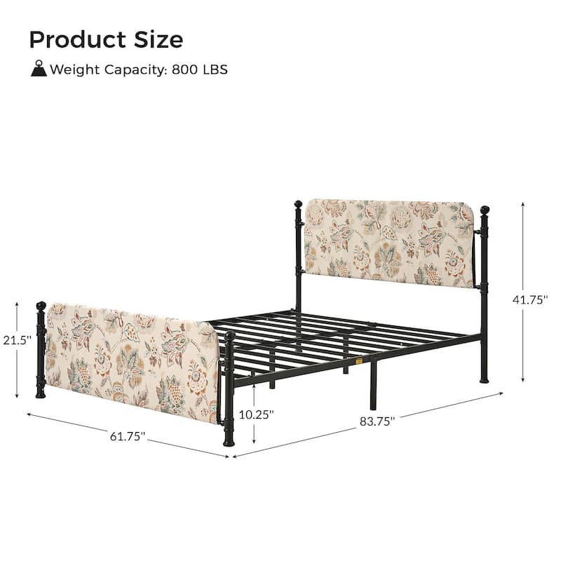 Diana Transitional 62" Floral Upholstered Platform Metal Bed Frame with Washable Slipcover by HULALA HOME