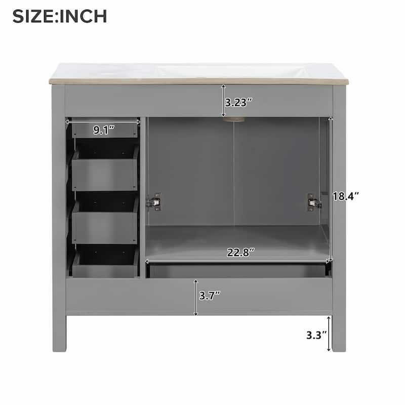 36" White Bathroom Vanity with Ceramic Sink Combo, Ample Storage Cabinet - 2 Soft-Close Doors and 5 Drawers