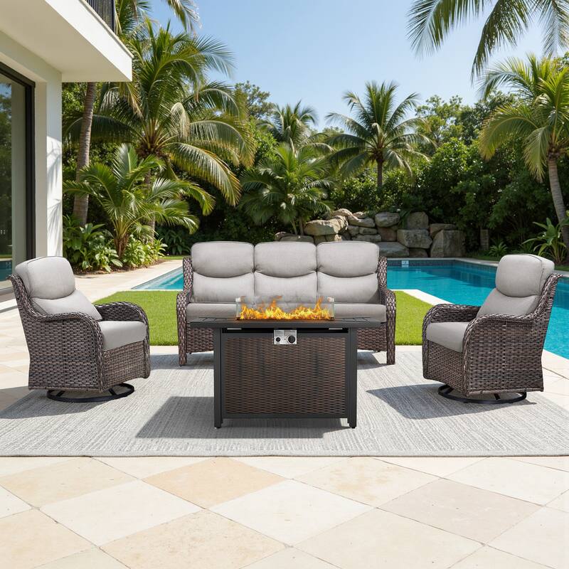 Meyreso 4-Piece Outdoor Patio Metal Fire Pit Wicker Conversation Set with 5-Inch Thick Olefin Cushions