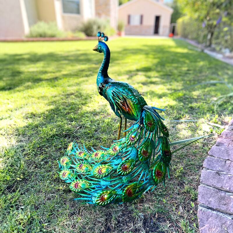Exhart Hand Painted Majestic Metal Standing Peacock Garden Statue, 15 by 24 Inches