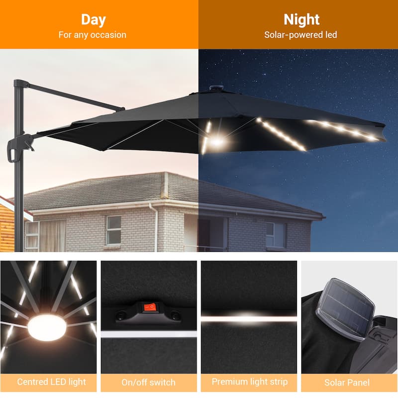 LIVOOSUN 11FT Huge Patio LED offset umbrella Cantilever Umbrella