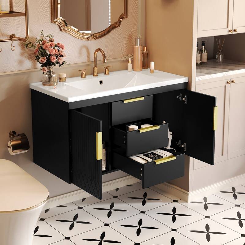 36" Wall Mounted Bathroom Vanity with Resin Sink, 2 Drawers - Black