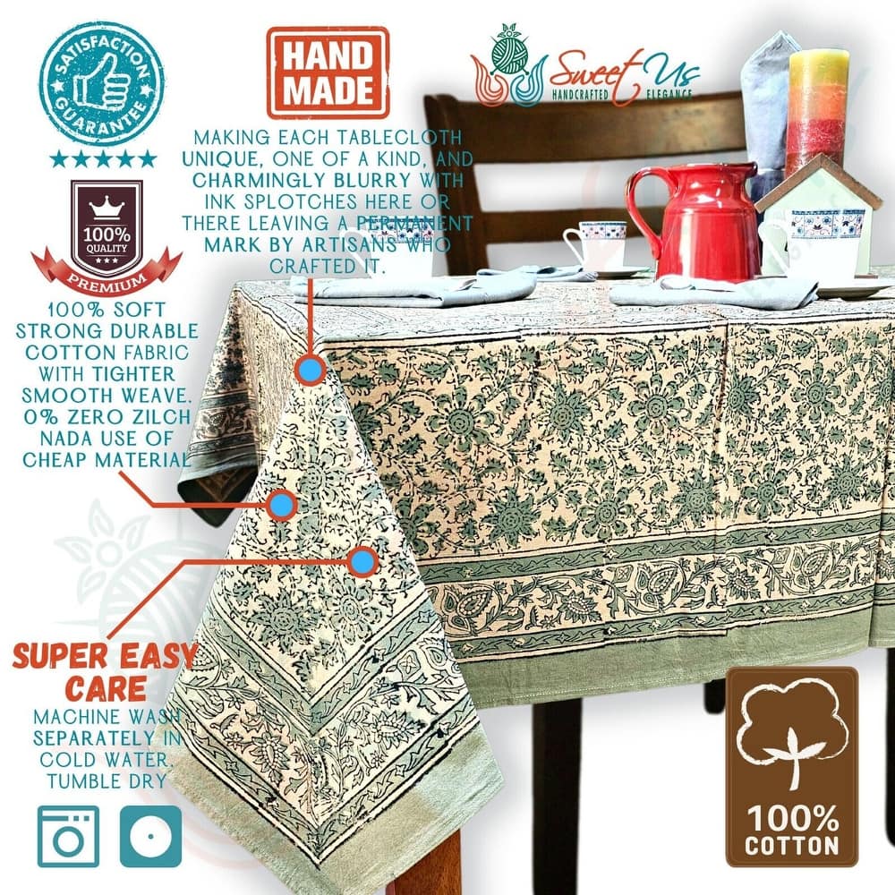 Pretty Daisy Chain Floral Block Print Cotton Tablecloth Collection