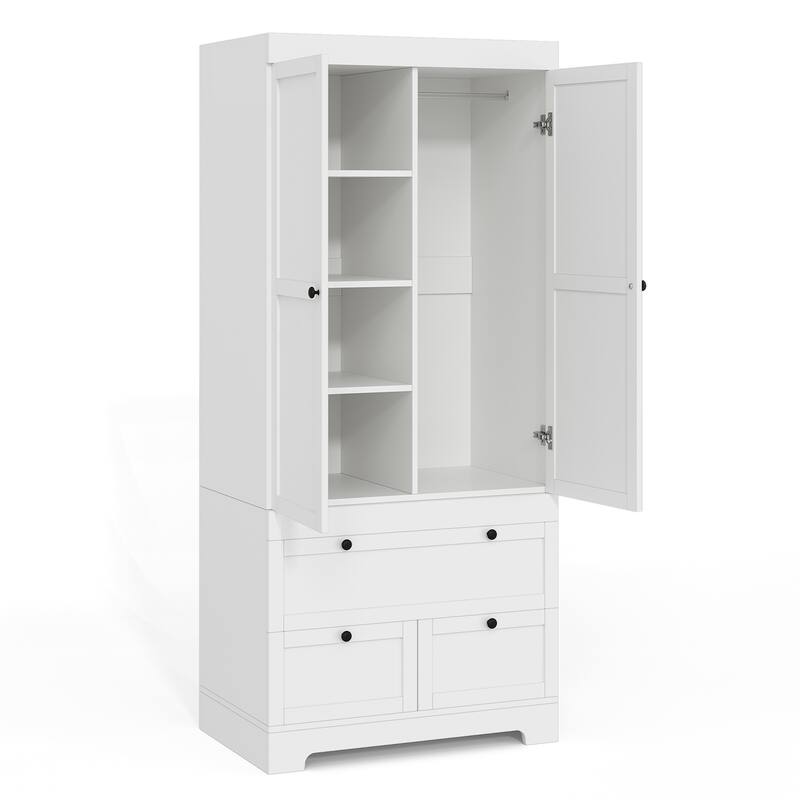 Meyreso White Modular Wardrobe Closet with Drawers, Convertible Stacking Armoire - N/A