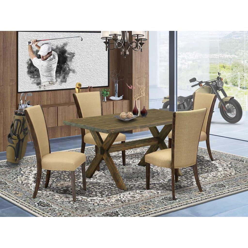 HomeStock 5-Piece Distressed Jacobean Finish Solid Wood Top Dining Table with 4-Parson Chair