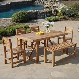 Acacia Wood Outdoor Dining Set - 1 Table, 1 Bench, 4 Chairs for Patio ...