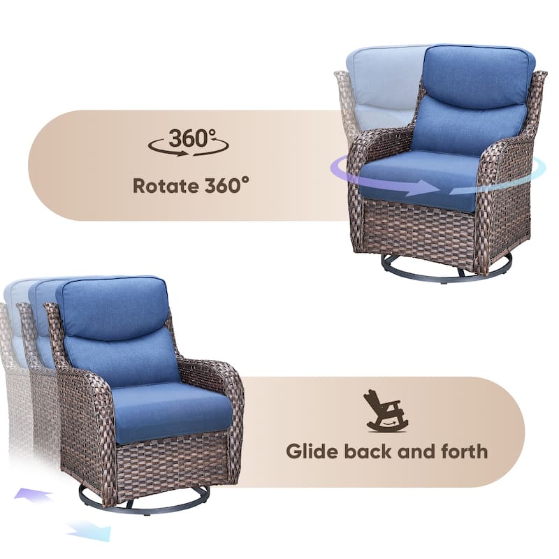 Swivel Patio Wicker Chairs Set of 2- Blue cushion - Brown