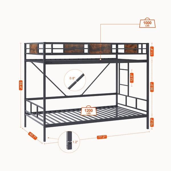 Rustic Brown Twin Metal Bunk Bed with Ladder & Adjustable Bottom