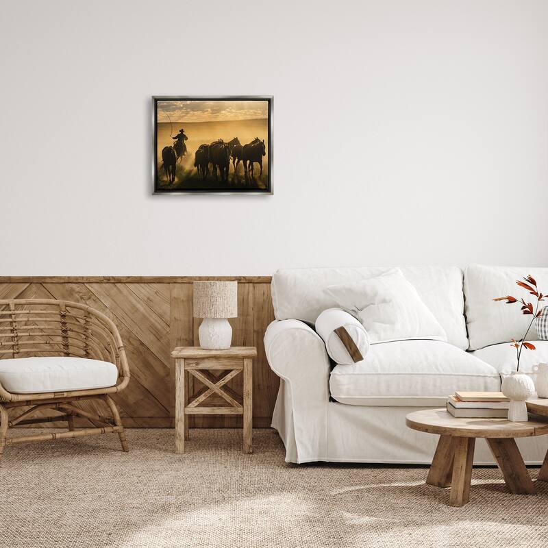 Stupell Cowboy & Horses at Sunset Framed Floater Canvas Wall Art Design by PBurchettePhoto