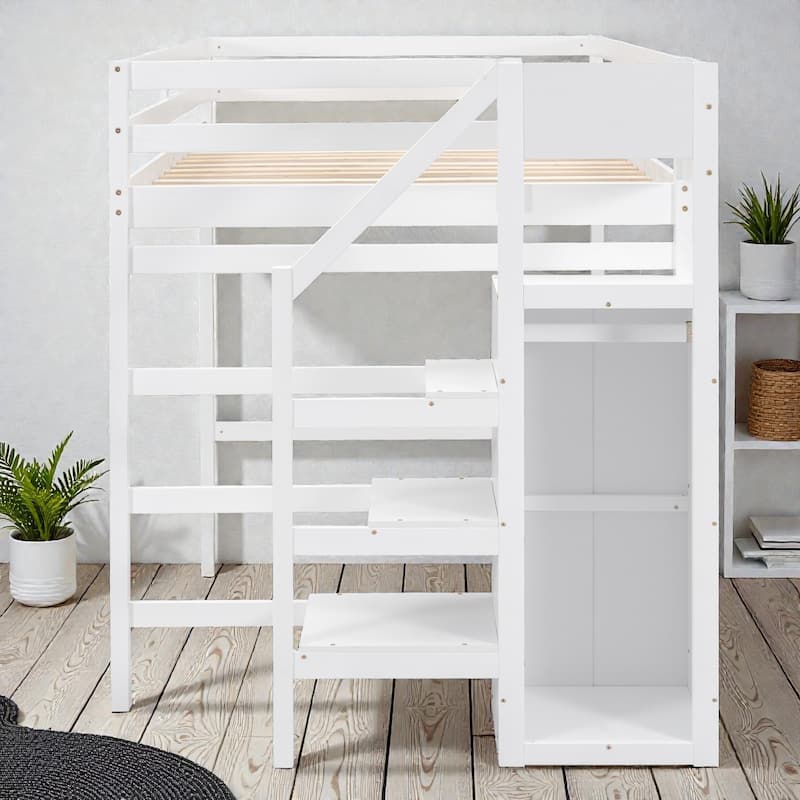 Full Size Loft Bed with Built-in Storage Wardrobe and Staircase, Solid Wood Space-Saving Loft Frame