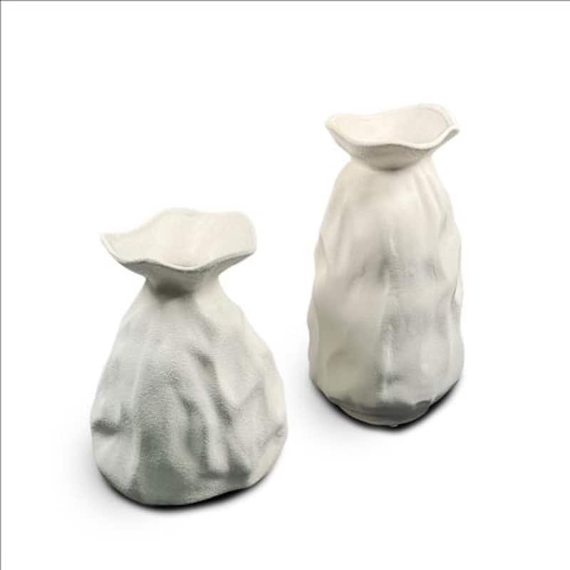 White Ceramic Vase Set of Two with Artistic Paper Bag Inspired Design - White