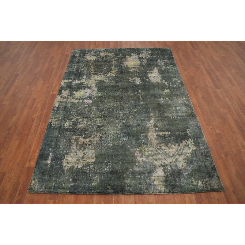 Hand Knotted Oriental Viscose Silk Carpet Modern All-Over Green Abstract Area Rug - 7' 9'' X 5' 6''