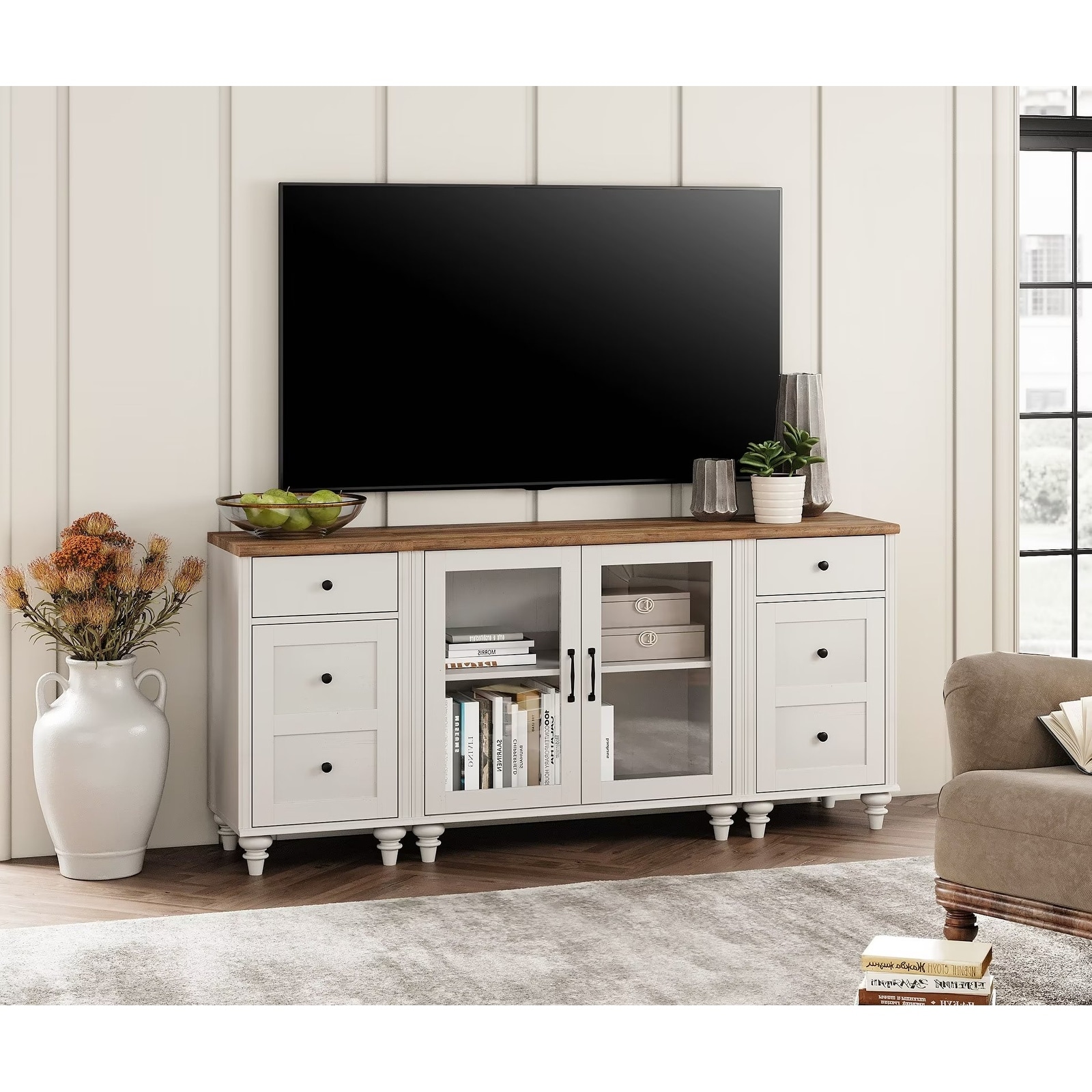 TV Stand for 75 Inch TV, 3-in-1 TV Cabinet & Side Table Set, White