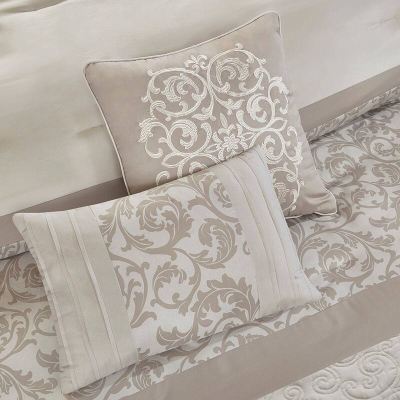 Anmytek Queen Size 8 Piece Embroidered Comforter Set Neutral Beige Bed in a Bag Luxury Bedding Collection