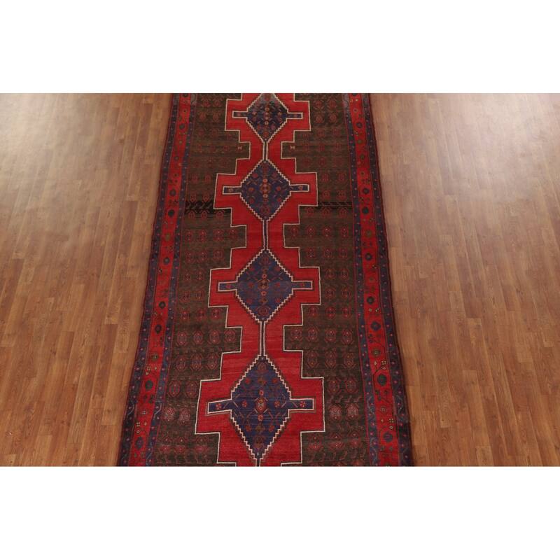 Geometric Hamedan Persian Vintage Area Rug Handmade Wool Carpet - 5'2"x 13'4"